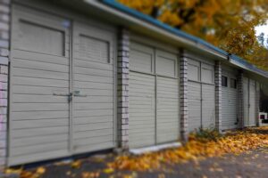 Row of garage doors, blog image for top garage door openers, featuring Merlin and B&D