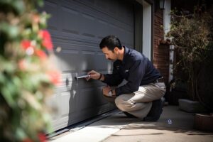 Technician inspecting garage door sensor for repair troubleshooting