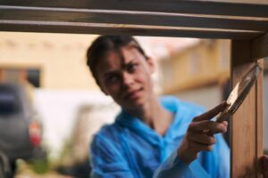 Person inspecting garage door for maintenance and repair signs